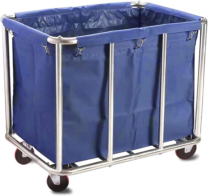 Commercial Laundry Cart with Wheels, 11.35 Bushel Large Laundry Tumbler with Removable Waterproof Canvas Lined Basket, Heavy Duty Stainless Steel Laundry Basket for Hotels and Hospitals
