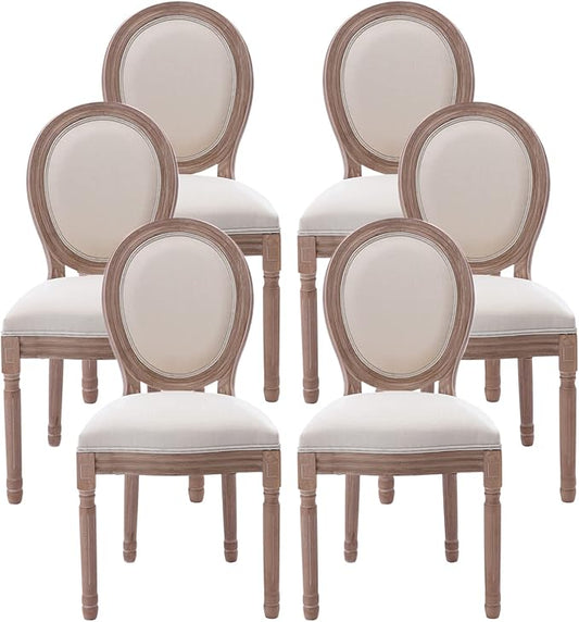 Nrizc French Dining Chairs Set of 6, French Country Dining Chair, Vintage Farmhouse Dining Chairs with Round Back, Solid Wood Beige Fabric Dining Room Chairs, for Kitchen, Bedroom, Dining Room