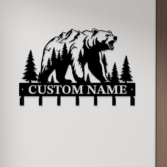 Personalized Custom Name Bear Key Wall Hooks,Metal Bear Keys Clothes Hooks,Metal Bear Wall Home Storage Decorative,For Front Door, Hallway, Kitchen, Bedroom,Keys,Hats (Style A)