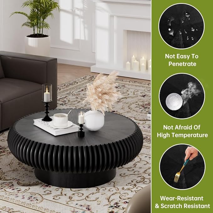 Black Round Coffee Table for Living Room Round Fluted Drum Coffee Table Modern Fluted Coffee Tables for Living Room (Black, 31.4 inch)