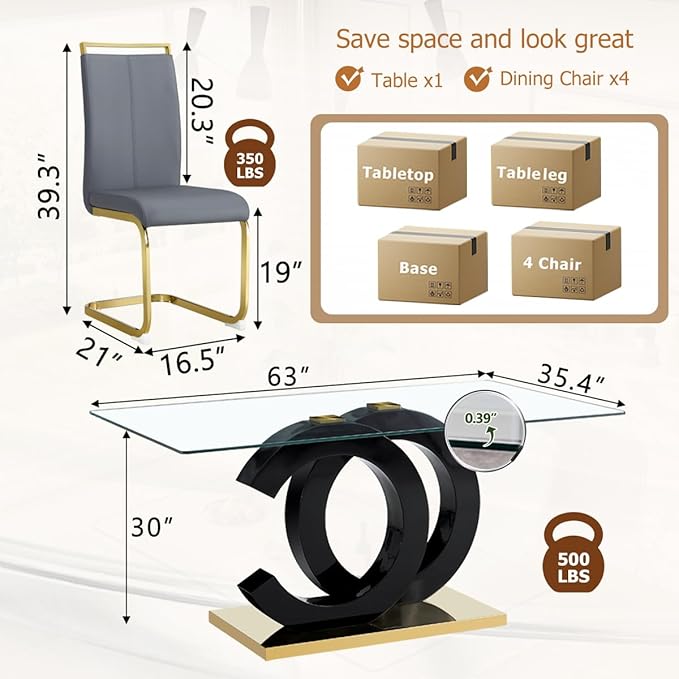 63'' Glass Dining Table Set for 4, Kitchen Table Chairs Set of 4, Clear Glass Dining Table with Black unique design Leg and Gold Metal Base, 4 PU Dining Chairs with Metal Legs, Living Room, Kitchen.