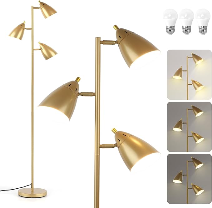 Tree Floor Lamp for Living Room, Industrial 3-Light Standing Lamp with 3 LED Bulbs, Adjustable Rotation Heads, Standing Tall Pole Lamp Farmhouse Rustic Reading Lamps for Bedroom Office (Gold)