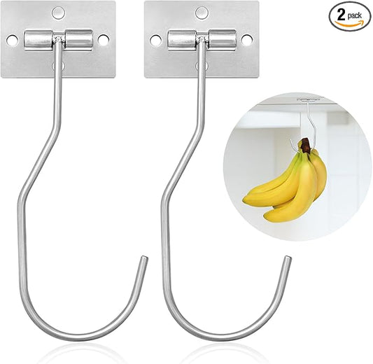 Banana Hanger Hook – Space Saving Banana Holder Hanger to Keep Bananas Fresh, Self Adhesive and Screw Banana Hook 2Pack Silver