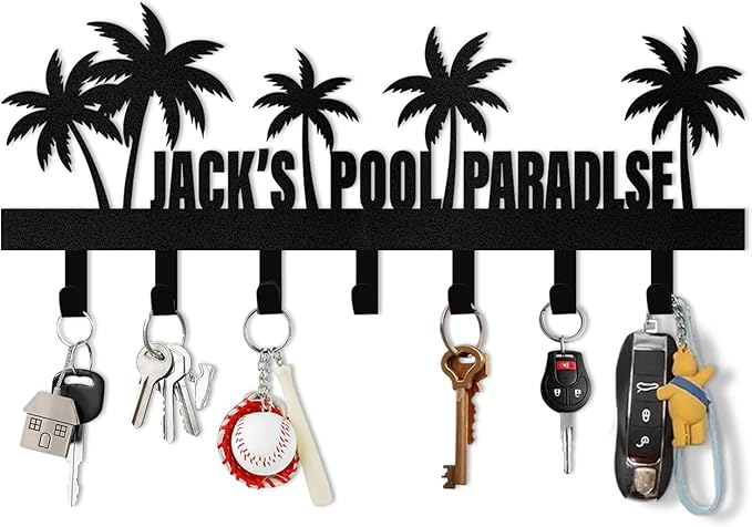 Personalized Key Holder for Wall, Beach Theme Key Holder Wall Mount with Hooks, Coconut Trees Key Hanger Wall Decor for Pool Bathroom Hallway Entryway Office, Customized Home Decor Gifts Color08