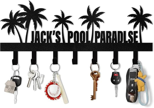Personalized Key Holder for Wall, Beach Theme Key Holder Wall Mount with Hooks, Coconut Trees Key Hanger Wall Decor for Pool Bathroom Hallway Entryway Office, Customized Home Decor Gifts Color08