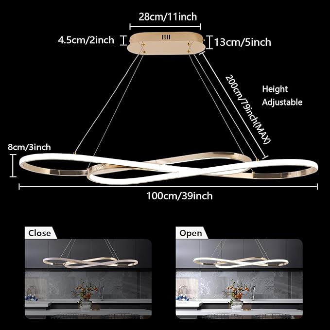 Modern Led Pendant Light for Kitchen Island Lighting Modern Gold Chandelier for Dining Room Light Fixture Over Table,Led Chandelier Light Fixture Height Adjusted (Electroplated Gold)