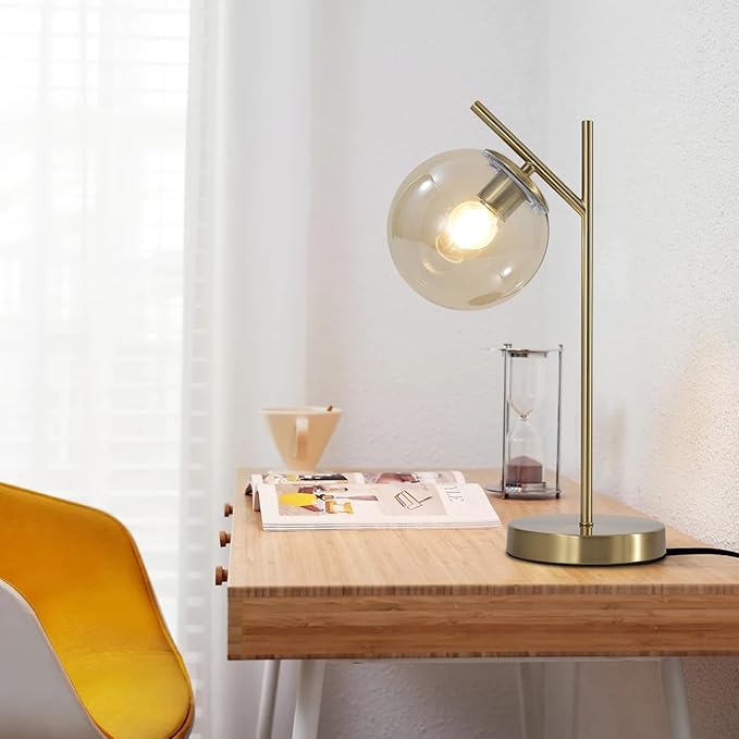 Mid Century Modern Table Lamp, Gold Globe Nightstand Lamp with Cognacs Glass Shade, Metal Brass Desk Lamp for Bedroom Living Room Study Room