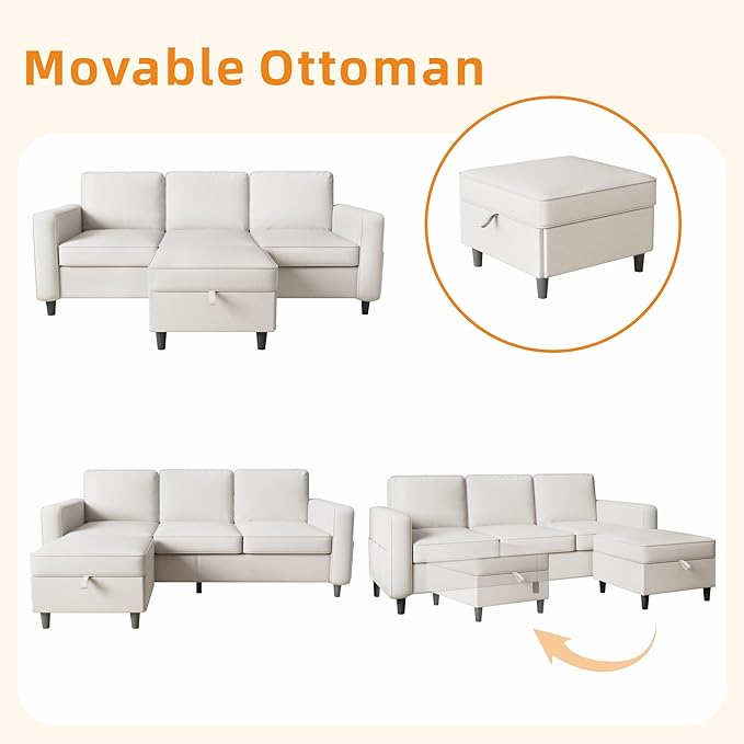 Sectional Sofa Couches for Living Room, 78'' Beige 3 Seater L-Shaped Couch with Storage Ottoman, Comfy Linen Convertible Sectionals Sofas with Chaise for Apartment, Office, Small Space