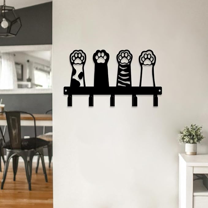 magilab Cat-Themed 10-Inch Iron Key Hooks with 5 Hooks, Black Wall Organizer - Cute Cat Design for Home Decor, No Drill & Screw-in Options (Style C)
