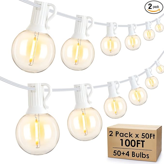 Mlambert 100Ft(2x50Ft) Outdoor String Lights, G40 Globe Patio Lights with 50+4 Waterproof Hanging LED Bulbs for Party Cafe Camping Outside-White Wire