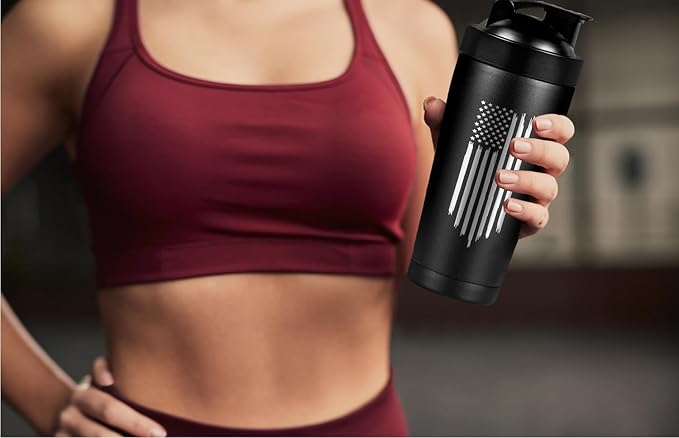 Military Gift Shop 24oz American Flag Insulated Shaker Bottle with Engraved Torn USA Flag Design with Ball | American Flag Gifts | Flag Shaker Cup