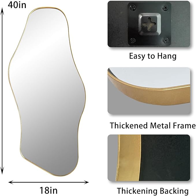 Gold Irregular Mirror, Asymmetrical Mirrors Decorative, 40"x18" Unique Shaped Mirror with Metal Frame, Modern Abstract Mirrors for Living Room Bathroom Bedroom Hallway Entryway Fireplace