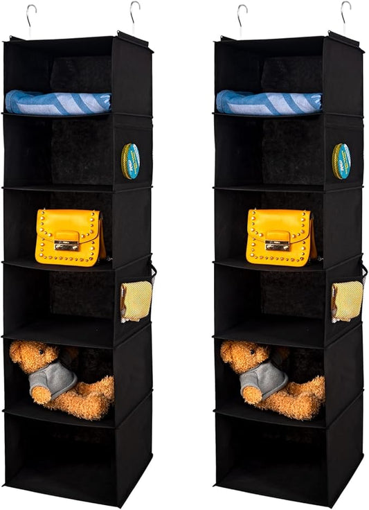 6 Shelves Hanging Closet Organizer, 2 Pack Hanging Storage with 4 Side Pockets for Clothes Shoes, 43.5"x12"x12"(Black)