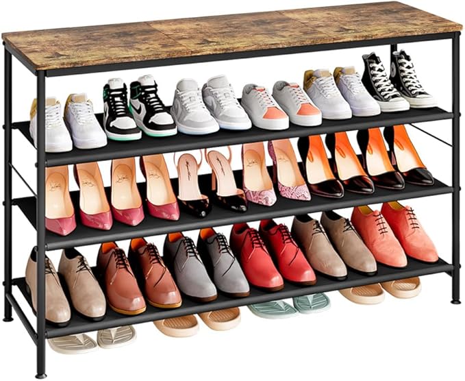 Shoe Rack Organizer 4 Tier Long Metal Organizer Shelf with Industrial MDF Board and Layer Fabric for Entryway Closet Bedroom Living Room Garage,Black & Rustic Brown
