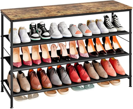Shoe Rack Organizer 4 Tier Long Metal Organizer Shelf with Industrial MDF Board and Layer Fabric for Entryway Closet Bedroom Living Room Garage,Black & Rustic Brown