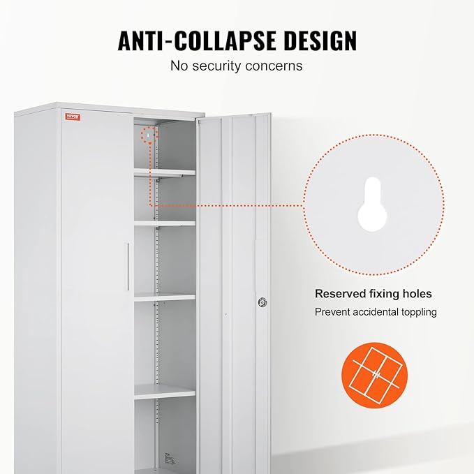 VEVOR Metal Storage Cabinet, Steel Locking Storage Cabinet with 2 Magnetic Doors and 4 Adjustable Shelves, 71'' Metal Cabinet 200 lbs Capacity per Shelf with 3 Keys, for Garage, Office, Home, White