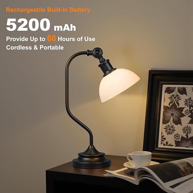 Cordless Vintage Bankers Table lamp, 5200-mAh Rechargeable Battery, 3-Level Brightness, Build-in Integrated LED 320 Lumen Max, Half-Globe Glass Shade, for Bedside Desk Nightstand Light