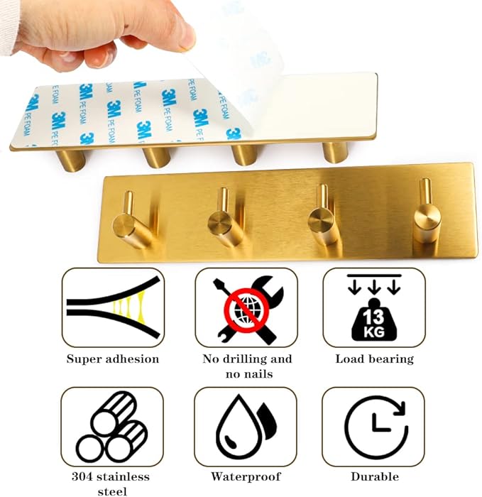 Picowe Key Holder for Christmas Wall Decorative, Adhesive Stainless Steel Key Hooks, Key Hanger Key Organizer Towel Hook Coat Hanger for Entryway Hallway Kitchen (Four Rows, Golden 1 PC)