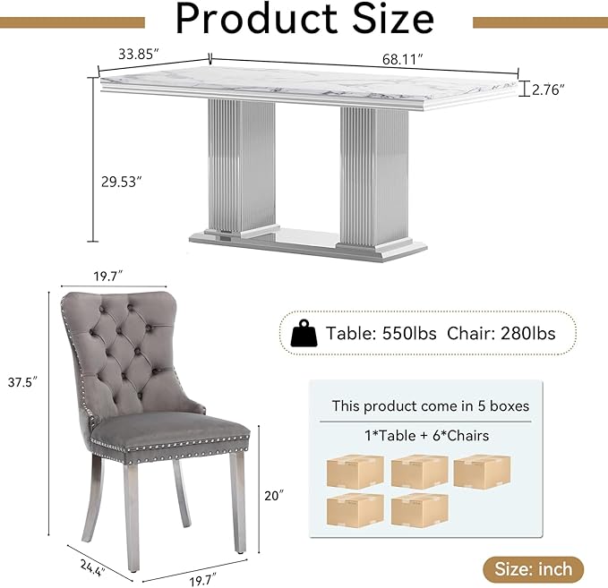 68" Faux Marble Dining Table Set for 6, 7-Piece Dining Set with White Silver Kitchen Table and 6 Velvet Tufted Chairs, Modern Rectangular Dining Room Tables with Column-Shape Stainless Steel Base
