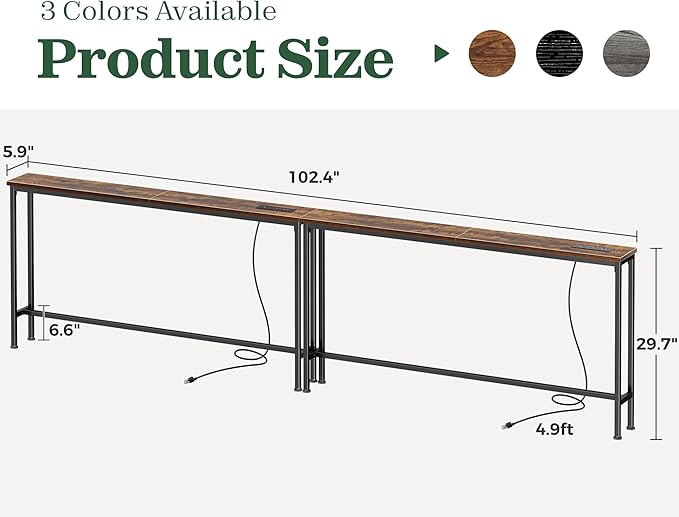 SUPERJARE 102.4 Inch Sofa Table with Power Outlets and USB-C Ports, 5.9 Inch Narrow Console Tables, Entryway Hallway Couch Tables with Storage, Behind Sofa, Small Spaces, Living Room, Rusitc Brown