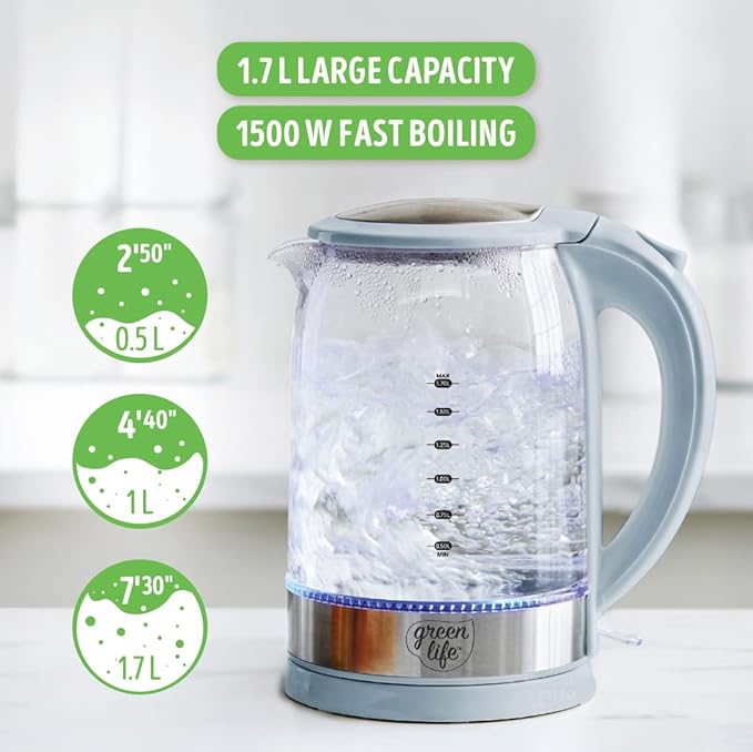 GreenLife 1.7 Liter Glass Electric Kettle, Easy One Touch Use, Quick Heating, Filtered Spout, LED Base, Auto Shut-Off, Cordless Serving, Coffee and Tea, Blue Haze