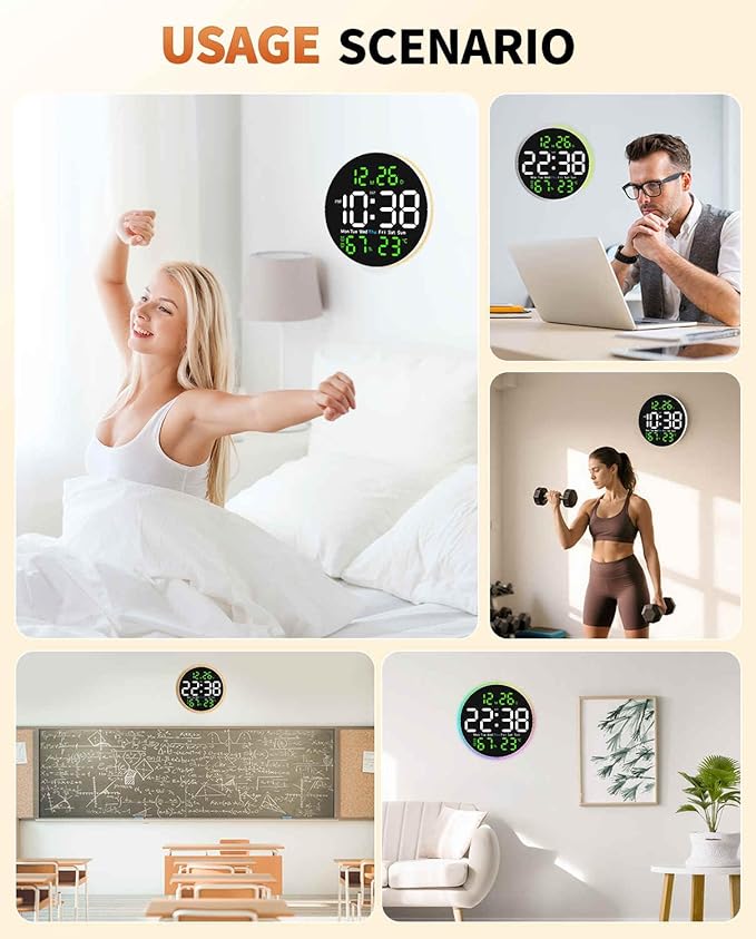 10 Inch Large Digital Wall Clock with 9 Color Changing Remote Control, Date Week Temperature, Auto Brightness Dimmer Big Clock with Night Lights,Green