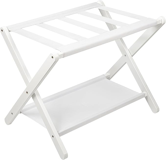 VASMIA Luggage Rack, Folding Suitcase Stand with Storage Shelf,Bamboo Luggage Stand for Guest Room,Bedroon and Hotel,Holds up to 131 lb,Fit Most Luggage Size,White