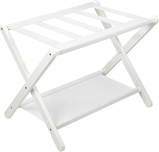 VASMIA Luggage Rack, Folding Suitcase Stand with Storage Shelf,Bamboo Luggage Stand for Guest Room,Bedroon and Hotel,Holds up to 131 lb,Fit Most Luggage Size,White