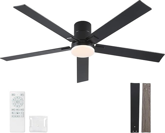 Rayqueen 60 Inch Ceiling Fans with Lights and Remote,Flush Mount Black Ceiling Fan,6 Speed Reversible DC Motor,3CCT Dimmable LED-Low Profile Design for Bedroom, Living room & Covered Outdoor