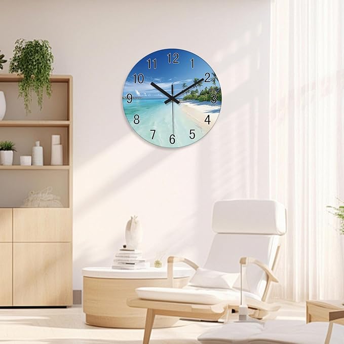 XFM Large Wall Clock Battery Operated Beach Coastal Wall Clocks 24 Inch Silent Non-Ticking Tropical Seascape Glass Wall Clock for Living Room Bedroom Kitchen Decor