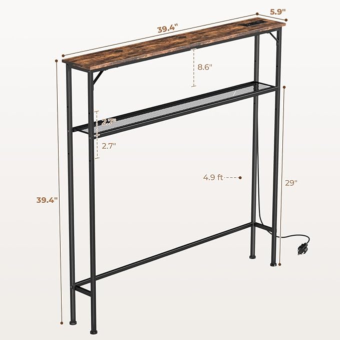 Tatub 39.4" Behind Couch Table with 2 Power Outlets and Led Light, Rustic Narrow Console Industrial 2 Tier Skinny Entryway Sofa Table with Metal Frame for Living Room