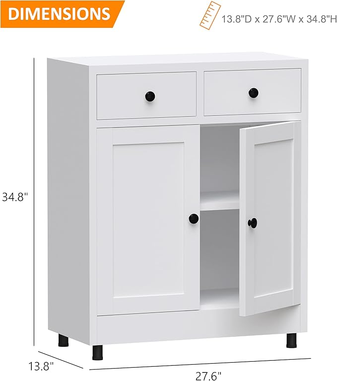 Metal Storage Cabinet with 2 Drawers and Adjustable Shelf, Sideboard Buffet Cabinet for Home, Office, Hallway, Entryway, Living Room, Kitchen Pantry and Dining Room (34.8" H, with Feet, White)