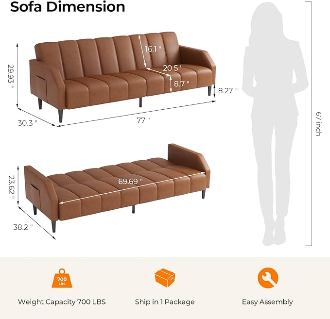 Fadware Faux Leather Couch, Convertible Futon Sofa Bed with Adjustable Backrest, Mid Century Leather Sofa Loveseat with Side Pockets& Metal Leg, Modern Leather Sleeper Sofa for Living Room Bedroom