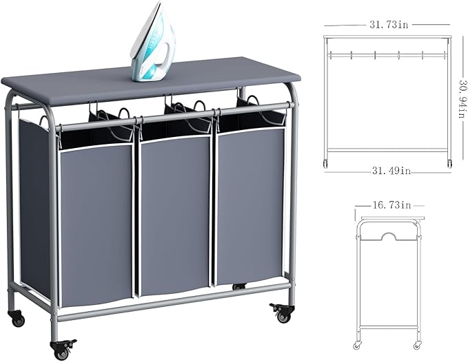 LINZINAR 3 Bag Laundry Basket Sorter Heavy Duty Rolling Lockable Wheels Laundry Hamper Cart with Ironing Board and Removable Bags, Grey