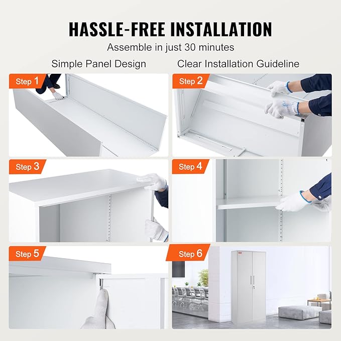 VEVOR Metal Storage Cabinet, Steel Locking Storage Cabinet with 2 Magnetic Doors and 4 Adjustable Shelves, 71'' Metal Cabinet 200 lbs Capacity per Shelf with 3 Keys, for Garage, Office, Home, White