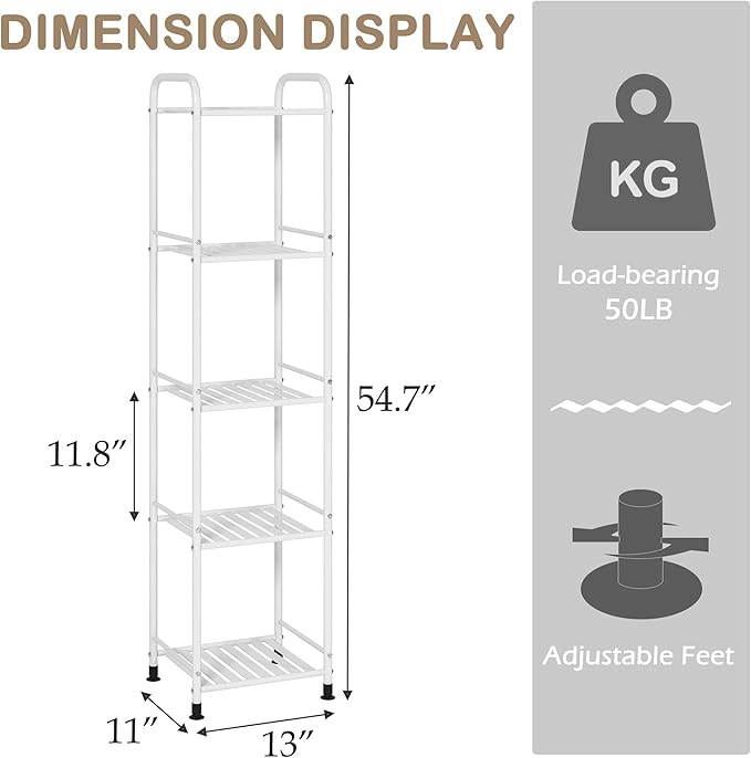 JSB 5 Tier Narrow Bathroom Shelving Unit, Kitchen Storage Rack Organizer Metal Corner Shelf for Living Room Laundry Pantry (Matte White, 5 Tier)