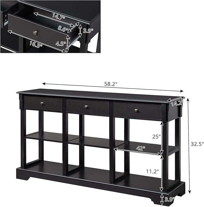 Karl home Console Table with 3 Drawers, 58" W Entryway Desk Sofa Side Table with 6 Bottom Cube Storage Shelves, Vintage TV Stand for Hallway Living Room Office, Black 32.5" H