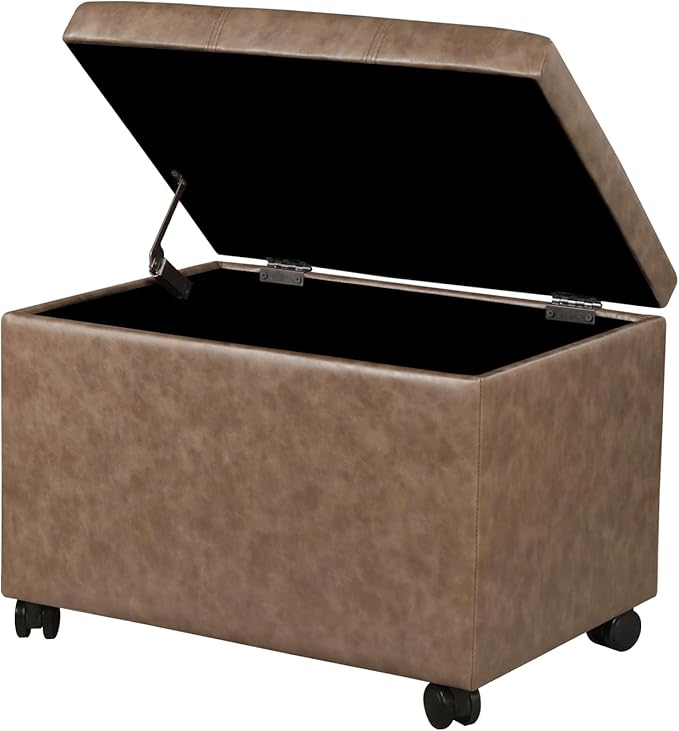 Joveco 24" Linen Storage Ottoman Bench with Wheels, Rectangle Foot Rest Stool for Living Room, Bedroom, Entryway, Earthy Light Brown Veining