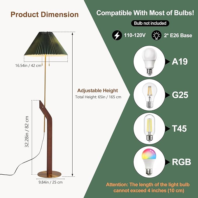 Floor Lamps for Living Room,Mid Century Modern Wood Floor Lamp,Height Adjustable Study Room,Bedroom,Office Vintage Tall Standing Glod Floor Lamp,Green Pleated Lampshade