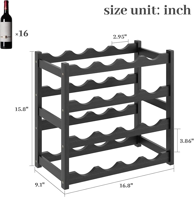 Wine Rack，Bamboo Wine Storage Cabinet Shelf，Countertop Wine Shelf- Freestanding Wine Holder for Kitchen & Pantry (Black, 4-Tier)