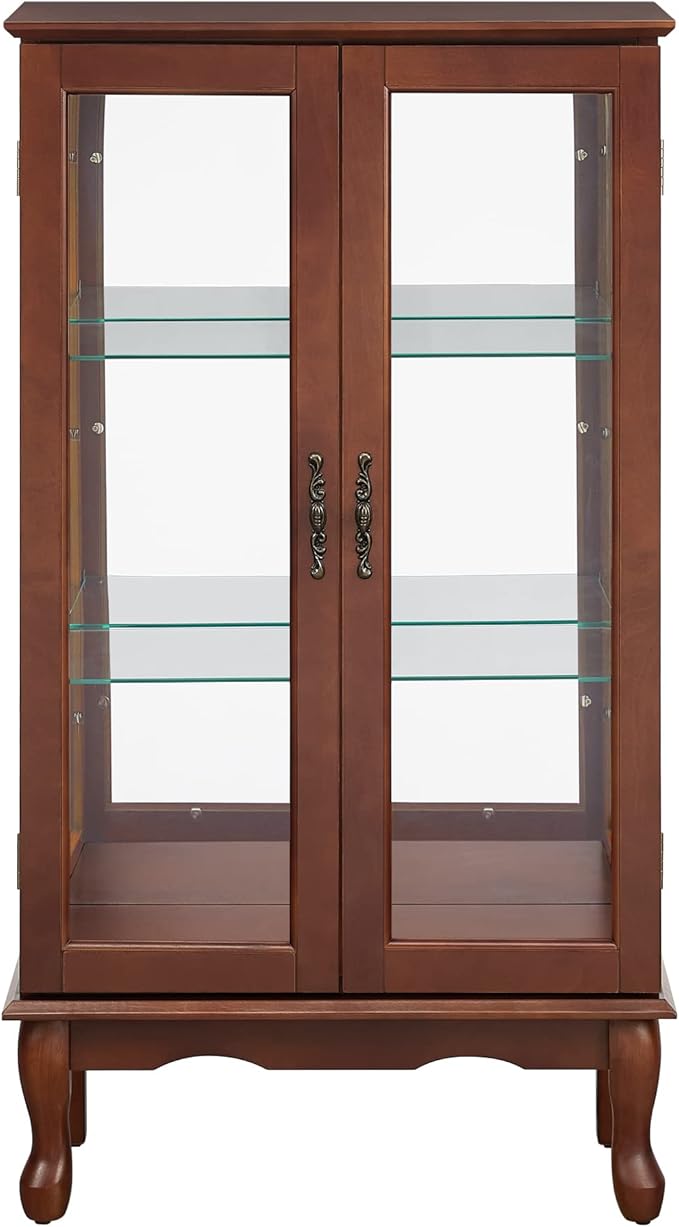 Goujxcy Lighted Curio Cabinet, Modern Floor Standing Glass Curio Cabinet Display Case Cabinet with Adjustable Shelves, Mirrored Back Panel and Tempered Glass Doors for Home/Office (Walnut)