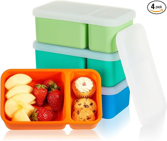 Roshtia 4 Pack Silicone Food Containers with Lids, Reusable Packs Bento Lunch Box for Meal Prep Food Storage, Microwave Dishwasher Safe(2 Compartment,Light)