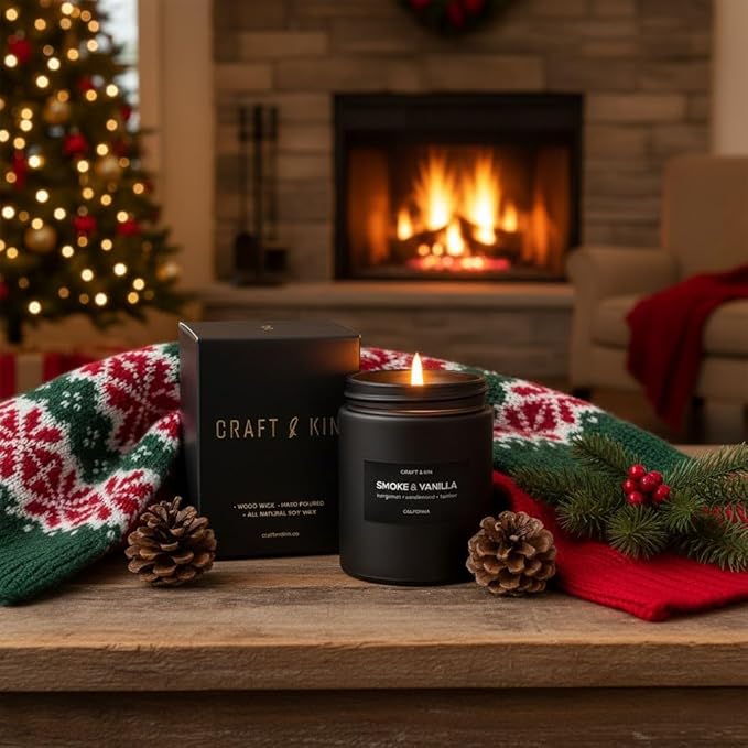 Craft & Kin Premium Smoke & Vanilla Candle | Black Christmas Scented Candles for Men | Long Lasting with 45 Hour Burn Time, 7.6oz | Soy Holiday Candle | Aromatherapy at Home | Gifts for Men