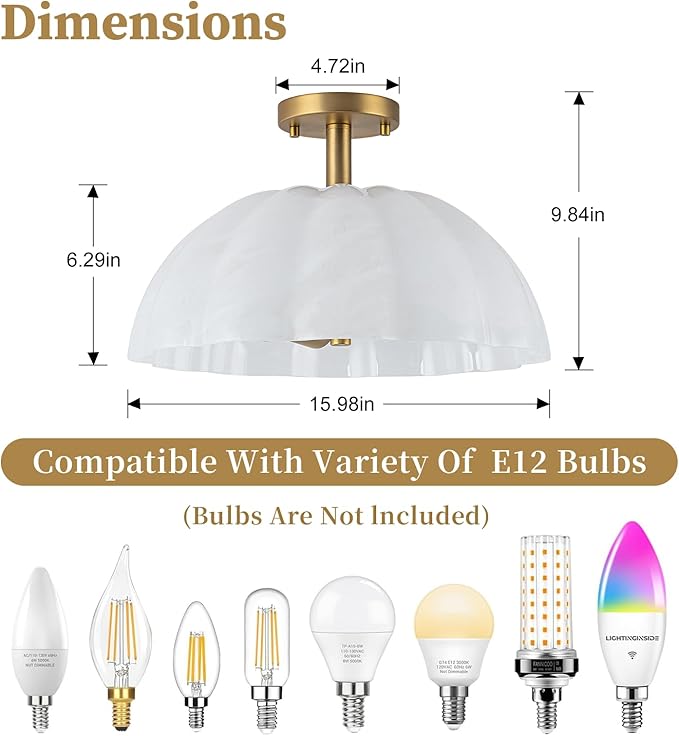 Mid-Century Modern Brushed Gold Semi Flush Mount Ceiling Light,2-Light Pumpkin Design Ceiling Light Fixture with Milky Cloudy Glass Shade,for Living Room,Dining Room,Bedroom,Entryway(15.98 inch)