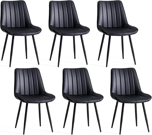 Dining Chairs Set of 6, Faux Leather Modern Linear Design Dining Chair with Metal Legs, 16.9" Seat Width Chair for Kitchen, Lounge, Reception Room, Restaurant, Commercial (Black)
