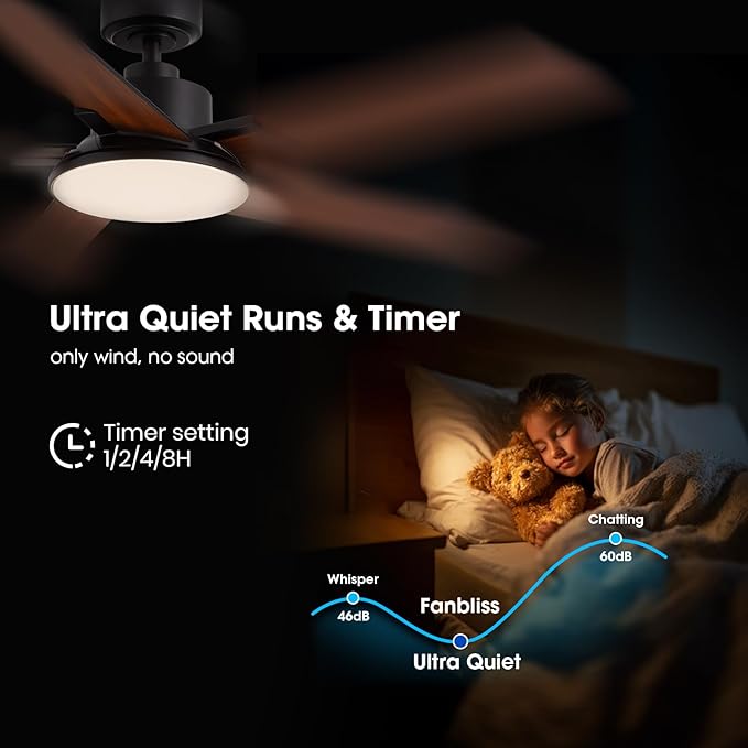 Ceiling Fans with Lights and Remote Control, 52 Inch Modern Ceiling Fan with 3CCT Dimmable LED, 6 Speeds, Quiet Reversible DC Motor, Timer, Black Ceiling Fan for Living Room, Kitchen, Outdoor Patio
