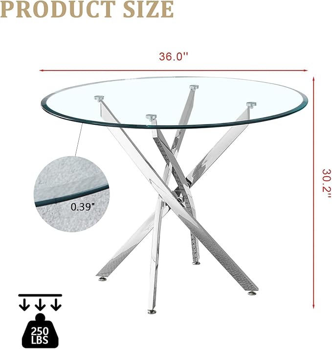36" Round Dining Table for 4, Glass Kitchen & Dining Room Tables, Modern Circle Dining Room Table w/0.39" Tempered Glass Tabletop,Silver Finish Stainless Steel Legs for Dinner Small Space(No Chairs)