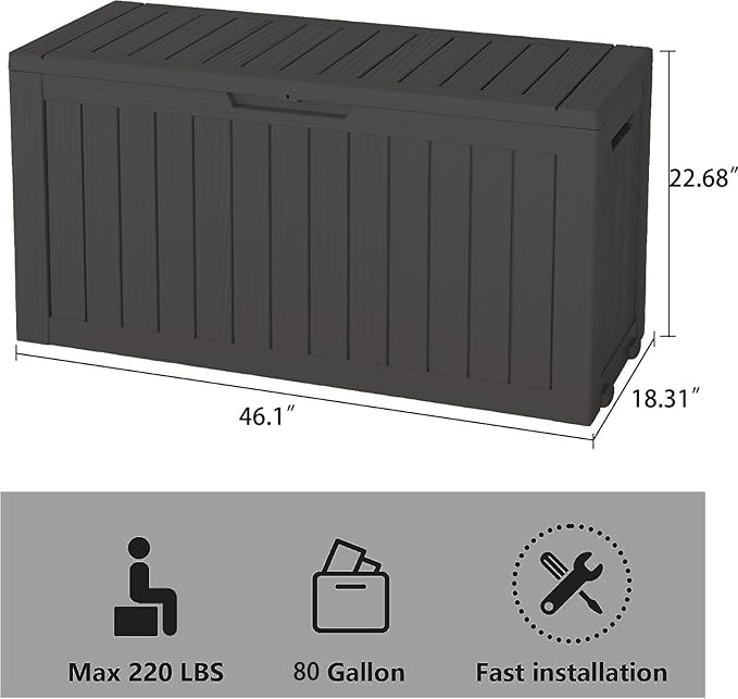 Outdoor Storage Box, Resin Deck Boxes Indoor and outdoor, Waterproof Storage Box Lockable Lid (Black, 80 Gallon)
