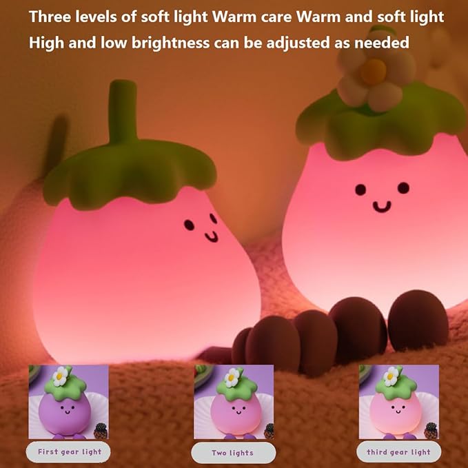 Eggplant Night Light for Adults Kids,Cute Silicone Dimmable Sleeping Decoration Nursery Nightlight,Rechargeable Bedside Touch Table Lamp for Christmas Gifts Kawaii Room Decor