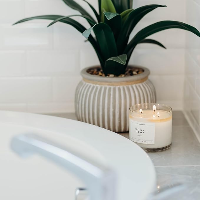 Calyan Wax Co. Vetiver & Tonka 3 Wick Scented Candle - 43 Hour Burn - Luxury 3 Wick Soy Candles - Non Toxic Soy Wax Candles - Long Lasting Large Glass Jar Candle for Home - 14.9oz